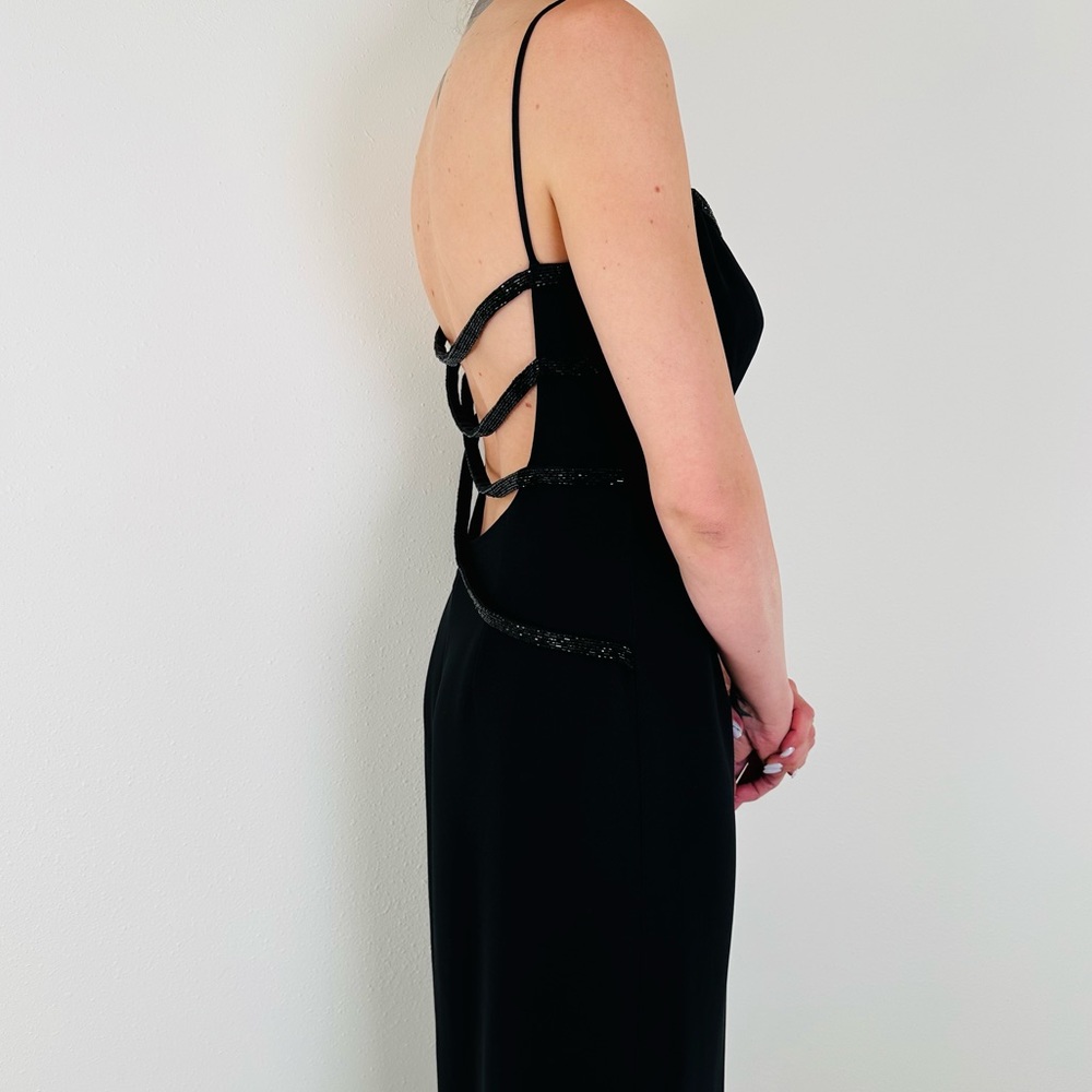 Vintage Lillie Rubin black embellished maxi open back party evening gown dress